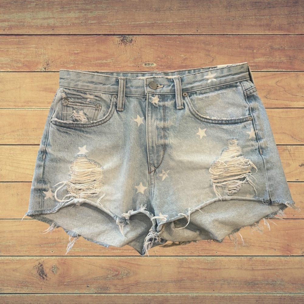Lovers + Friends Light Blue Star Print Distressed Denim Shorts Size 29